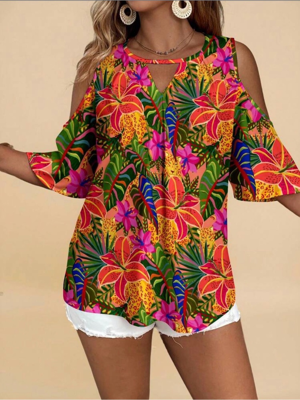 SHEIN Pink Green Tropical Cold-Shoulder Tunic